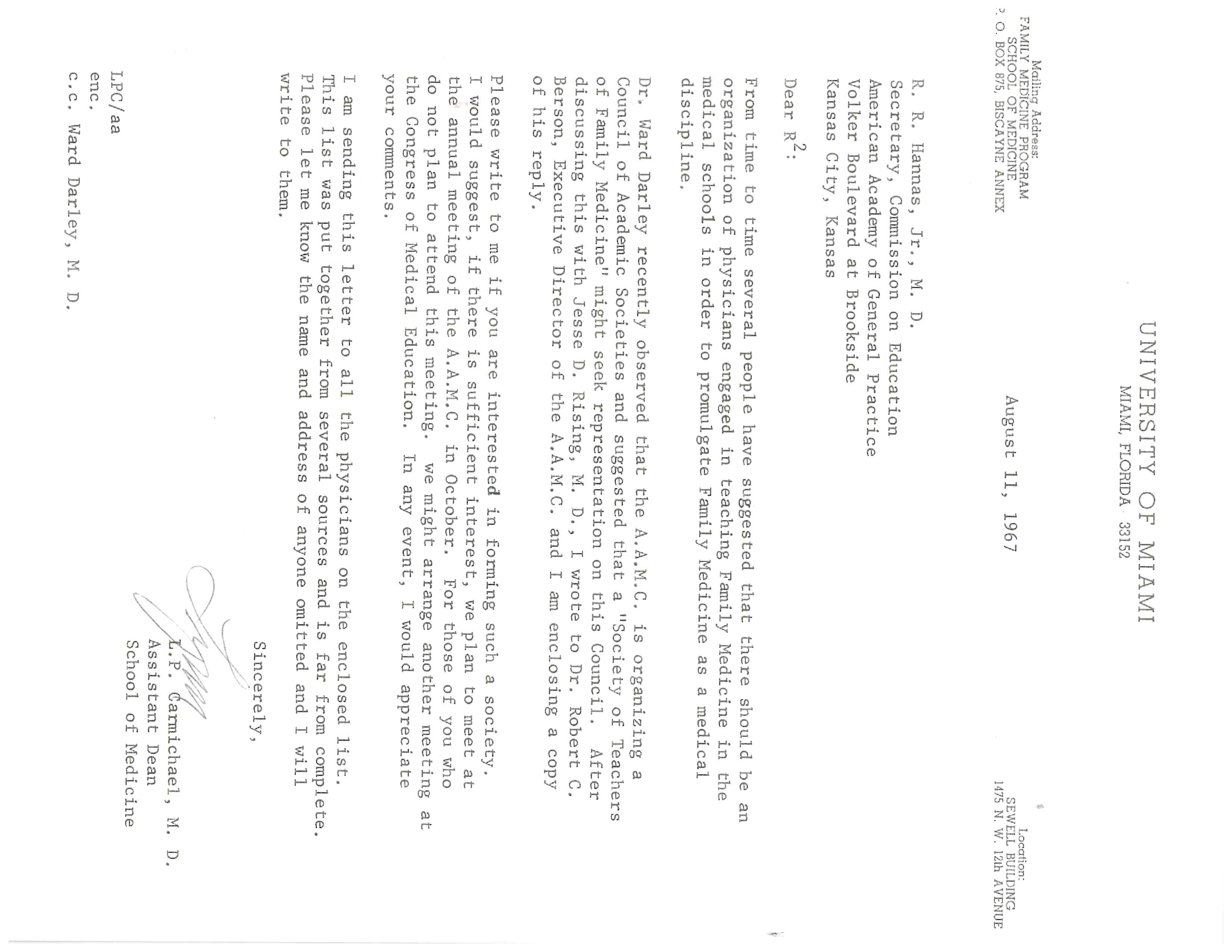 Lynn Carmichael, MD, Letter to R. R. Hannis, Jr, MD