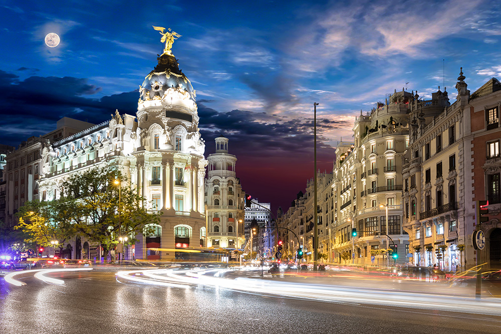 Madrid, Spain downtown at night